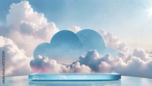 A round mirror on a table placed in clouds, sky background behind it, matte painting in precisionism style photo