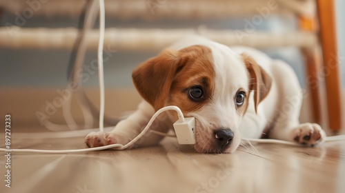 Curious Puppy Chewing on Electrical Cord,Highlighting Potential Danger of Electric Shock