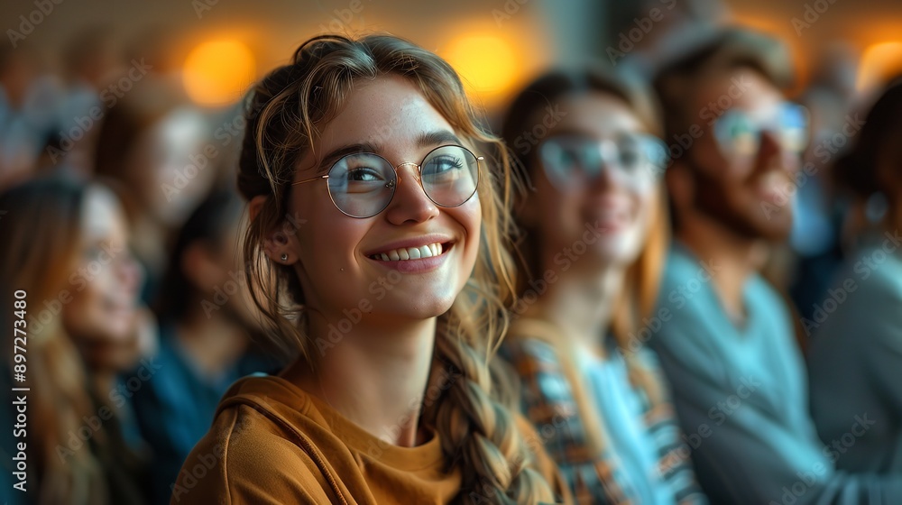 Side view of a bearded man enjoying a concert, movie, theatrical performance with happy smiling face Side view of a bearded man enjoying a concert, movie, theatrical performance with happy smiling face
