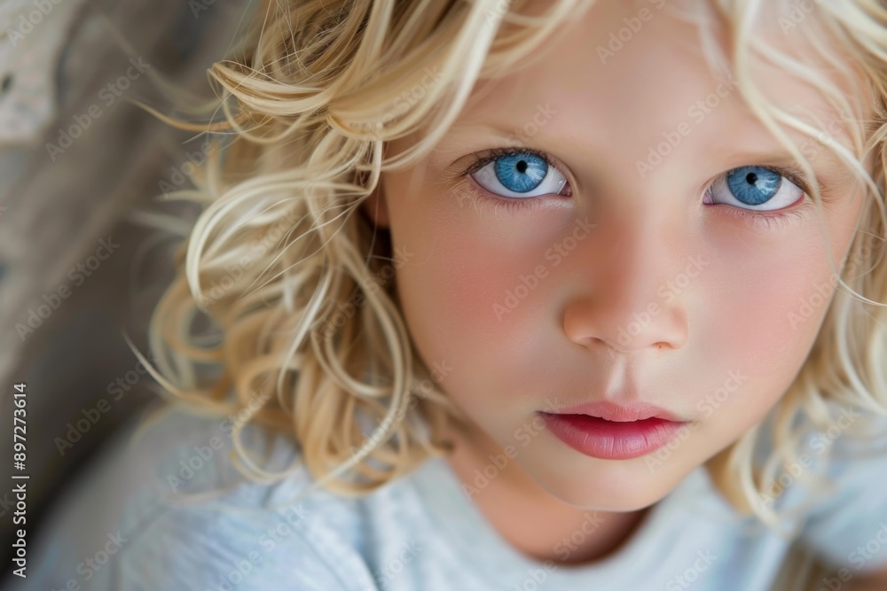 Portrait of a young child with striking blue eyes and blonde curly hair Portrait of a young child with striking blue eyes and blonde curly hair