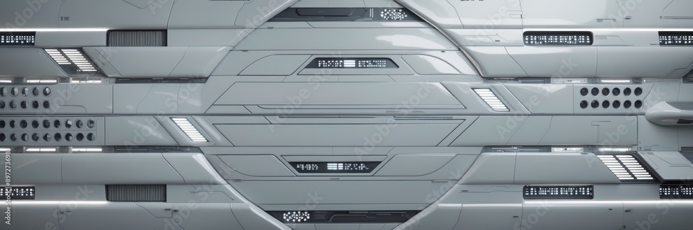 A close-up view of futuristic white panels with geometric shapes and lights A close-up view of futuristic white panels with geometric shapes and lights