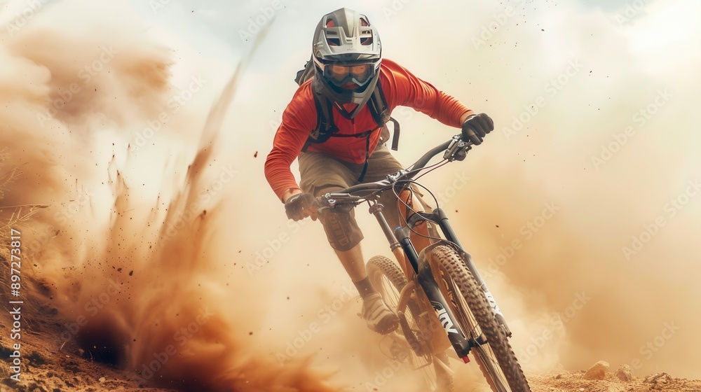 A professional cyclist navigates a dusty trail on an enduro bike, kicking up a cloud of dirt as they ride. Generative AI A professional cyclist navigates a dusty trail on an enduro bike, kicking up a cloud of dirt as they ride. Generative AI