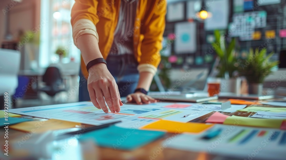 Focused Brand Manager Reviewing Marketing Documents in Vibrant Modern Office Setting Focused Brand Manager Reviewing Marketing Documents in Vibrant Modern Office Setting