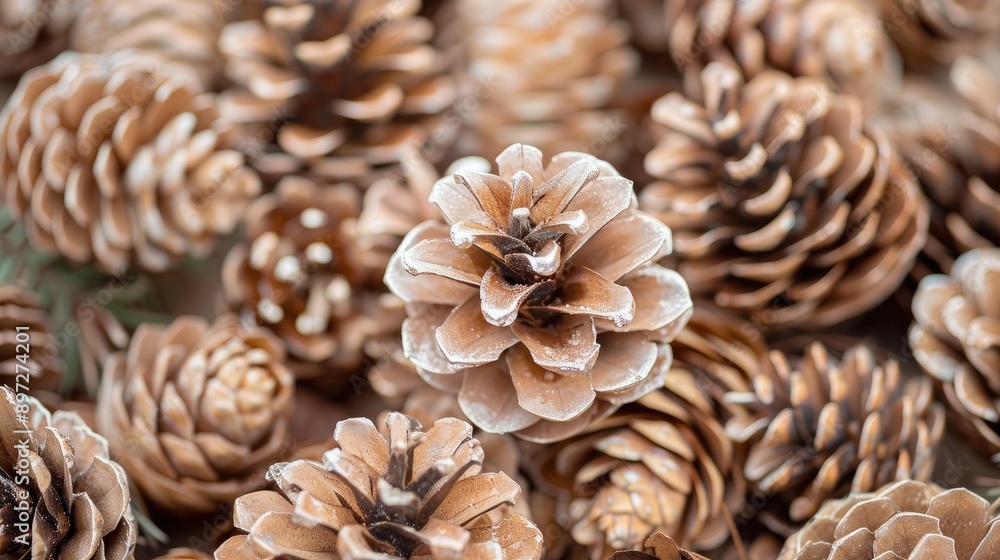 Several pine cones sit on a wooden surface with a blurred background of green trees Several pine cones sit on a wooden surface with a blurred background of green trees