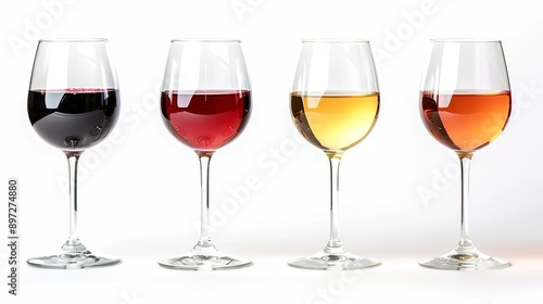 four Different kinds of wine in wine glasses isolated on white background