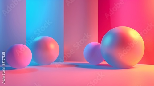 Colorful shadows from four spheres on a background lit with blue and red lights