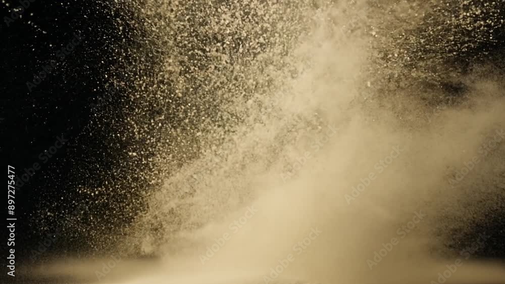 A large amount of white powder explodes against a black background, creating a cloud of fine particles.