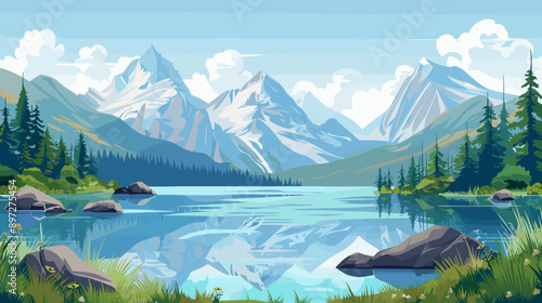 Mountain lake vector cartoon illustration background