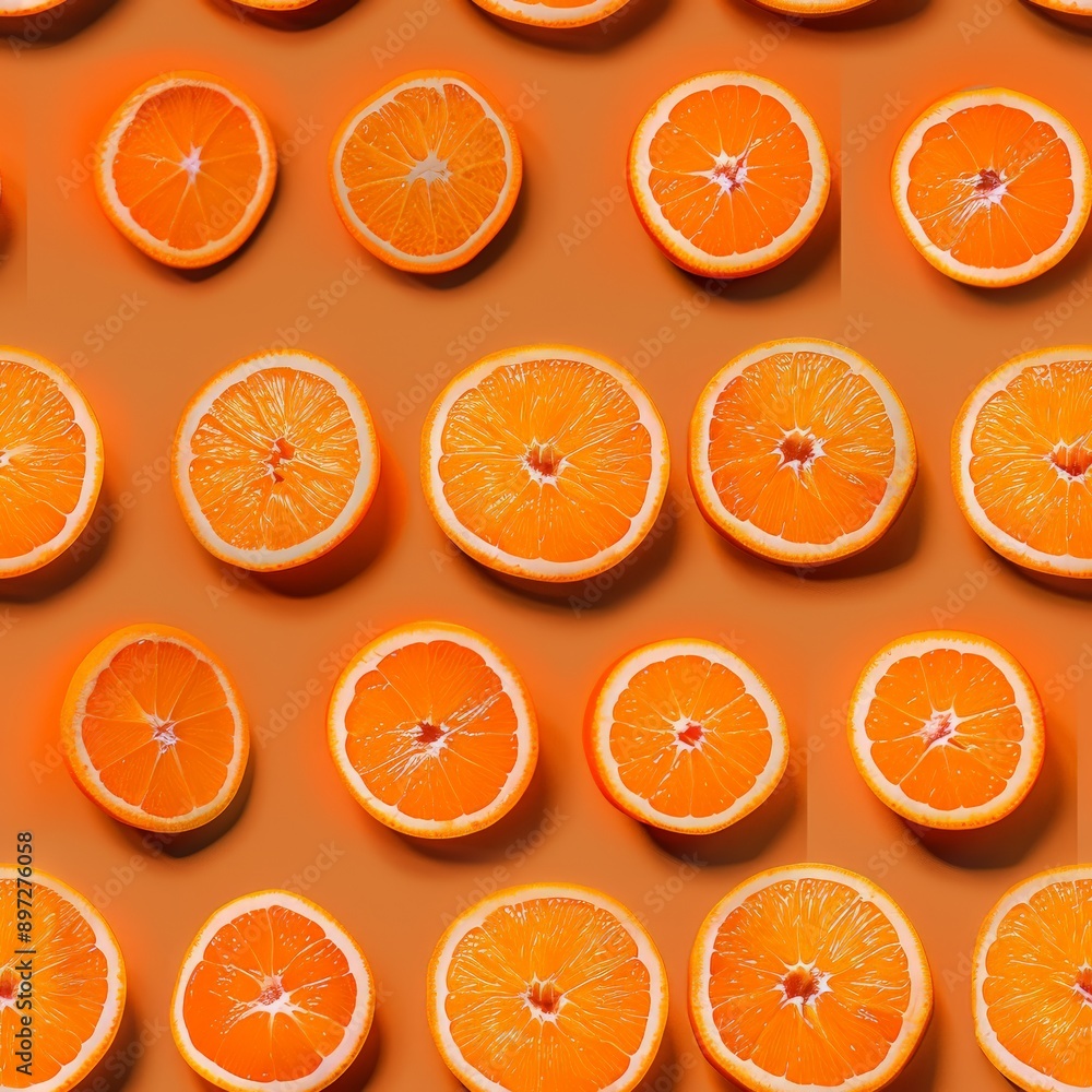 Multiple orange slices arranged in pattern on orange background, bright vibrant colors highlight the freshness and juiciness citrus fruit, each slice showcases detailed texture, segments orange. Multiple orange slices arranged in pattern on orange background, bright vibrant colors highlight the freshness and juiciness citrus fruit, each slice showcases detailed texture, segments orange.