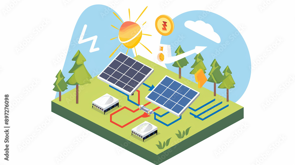 An illustration of a solar energy system featuring solar panels on a building, integrating renewable energy technology into the environment. This image highlights sustainable energy solutions. An illustration of a solar energy system featuring solar panels on a building, integrating renewable energy technology into the environment. This image highlights sustainable energy solutions.