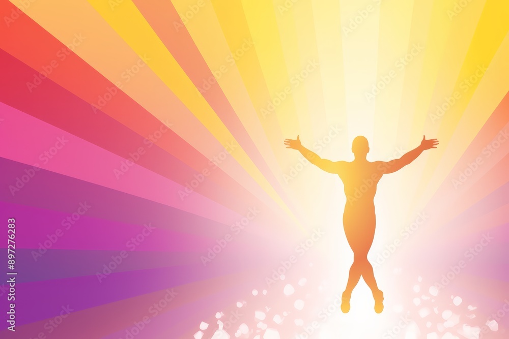 A man is shown in a colorful background with a bright sun. The man is reaching out with his arms open, as if he is reaching for something. Concept of hope and positivity A man is shown in a colorful background with a bright sun. The man is reaching out with his arms open, as if he is reaching for something. Concept of hope and positivity