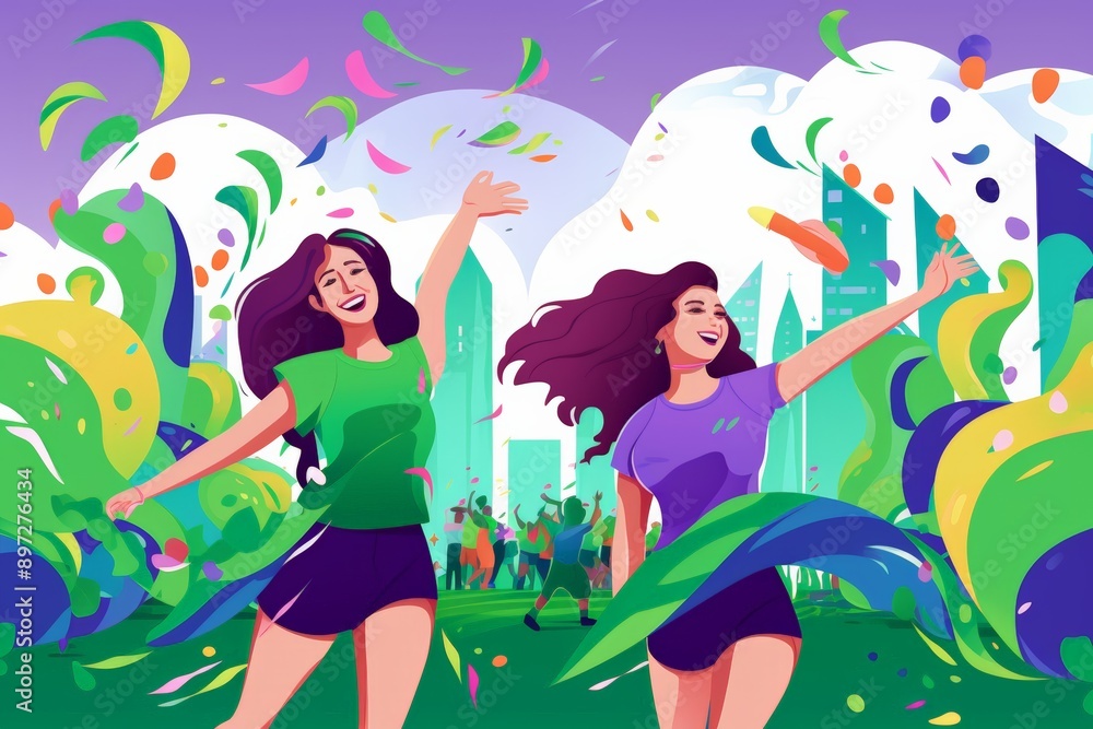 Two women are dancing in a field of confetti. Scene is joyful and celebratory Two women are dancing in a field of confetti. Scene is joyful and celebratory
