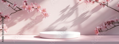 A 3D podium stand background scene depicting flowers in spring and summer. Small abstract shadow platform minimalist design, white blossom, spring.