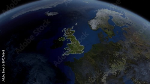 Map showing UK, Britain, Europe, from space to see the region from above from space. Detailed map Showing area, HD and 4K. Animation.