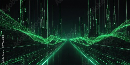 green light trail futuristic particles blockchain back background photo