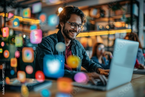 Modern Brand Manager Engaging on Social Media in Vibrant Office Setting with Realistic Depth of Field