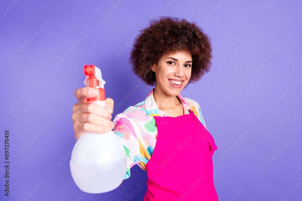 Portrait of nice young woman pink apron hold spray isolated on purple color background Portrait of nice young woman pink apron hold spray isolated on purple color background