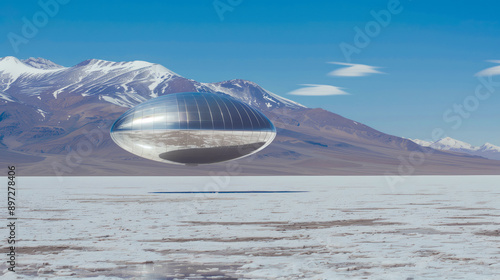 UFO above Salt Desert at Day: Silver Metallic Tic-Tac Shaped UAP UFO Flying Saucer Hovers over Desert Landscape with Mountains and Clear Blue Sky Background photo