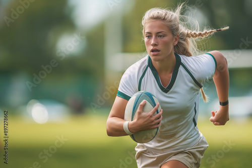 Young woman rugby player with white hair and pigtails in sports uniform running on sports ground with ball. Concept of healthy lifestyle, sport, struggle and competition