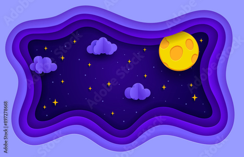 Paper cut night sky moon, clouds and stars. 3d vector layered papercut frame filled with dreamy and magical night background with sparkling twinkles and effect of depth and dimension