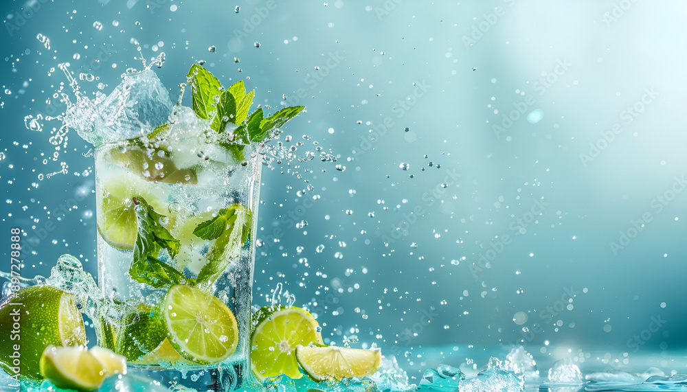 Mojito with splash and drops. Cocktail or mocktail with lime, mint, and ice in glass on blue background. Summer cold alcoholic non-alcoholic drink, beverage and cocktail. Copy space Mojito with splash and drops. Cocktail or mocktail with lime, mint, and ice in glass on blue background. Summer cold alcoholic non-alcoholic drink, beverage and cocktail. Copy space