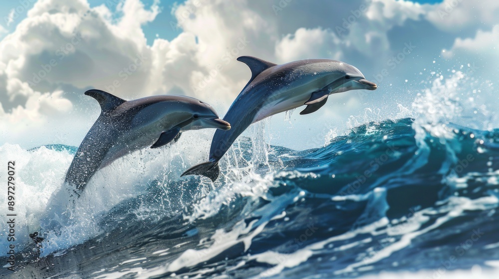 Fototapeta premium Dancing Dolphins: A Delightful Marine Life Spectacle in the Pacific Waters. AI generated image