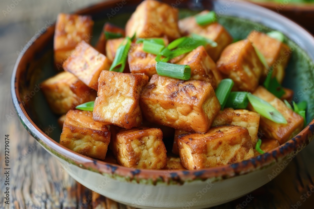 Crispy Fried Tofu Cubes with Green Onions in a Bowl Crispy Fried Tofu Cubes with Green Onions in a Bowl