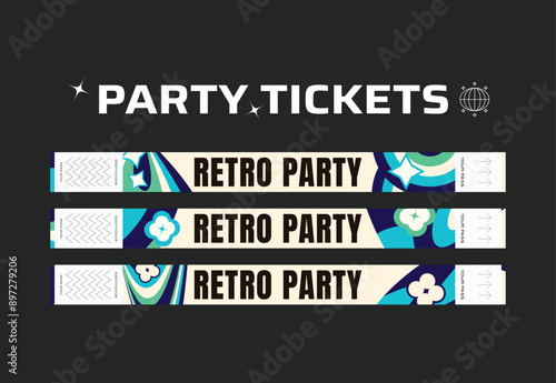 A vector set of control bracelets for a club, disco, concert, festival, event, pass to the fan zone, party in y2k style. Mockup of a bracelet in a futuristic style. Ticket for a festival