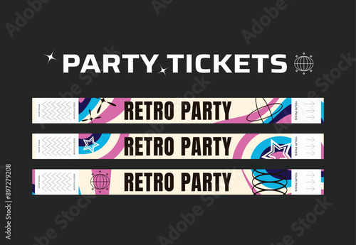 A vector set of control bracelets for a club, disco, concert, festival, event, pass to the fan zone, party in y2k style. Mockup of a bracelet in a futuristic style. Ticket for a festival