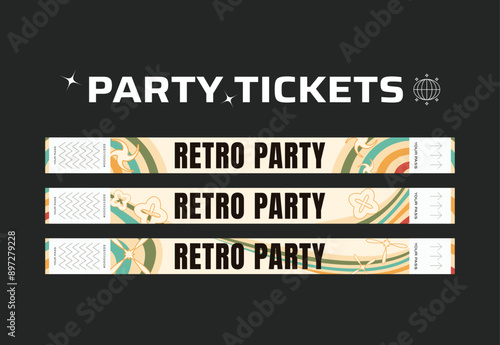 A vector set of control bracelets for a club, disco, concert, festival, event, pass to the fan zone, party in y2k style. Mockup of a bracelet in a futuristic style. Ticket for a festival