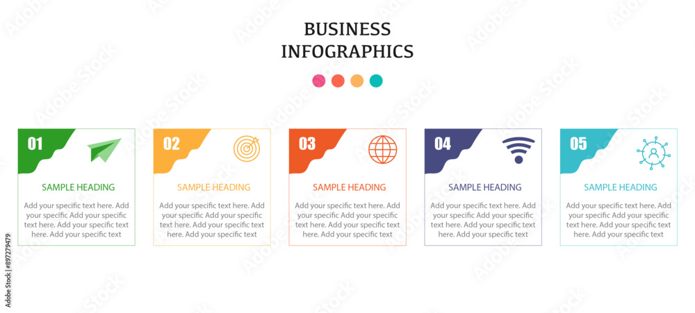 Fototapeta premium Five step square shape infographics design with corner label, business infographics design in square shape and label