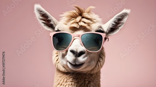 imaginative animal notion. Llama wearing shades for her sunglasses over a plain pastel backdrop, advertising photo