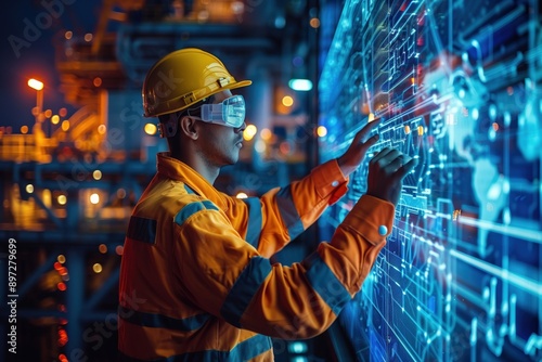Engineer on an offshore oil platform analyzing holographic data displays Futuristic Neon Digital Art highlighting advanced technology in oil exploration, no text, no trademark, no logo