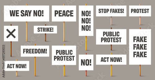 Blank white protest signs with text slogans on wooden holder. Various realistic vector demonstration banners. Strike action cardboard placard mockup. Social advertisement. Vector illustration