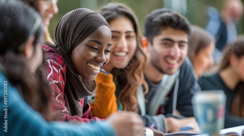 Group of Diverse Students smiling and Collaborating Outdoors