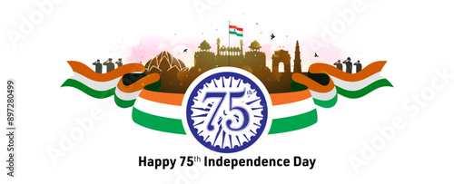 Indian monuments red fort and tricolor ribbon background. Happy Independence day of India concept.