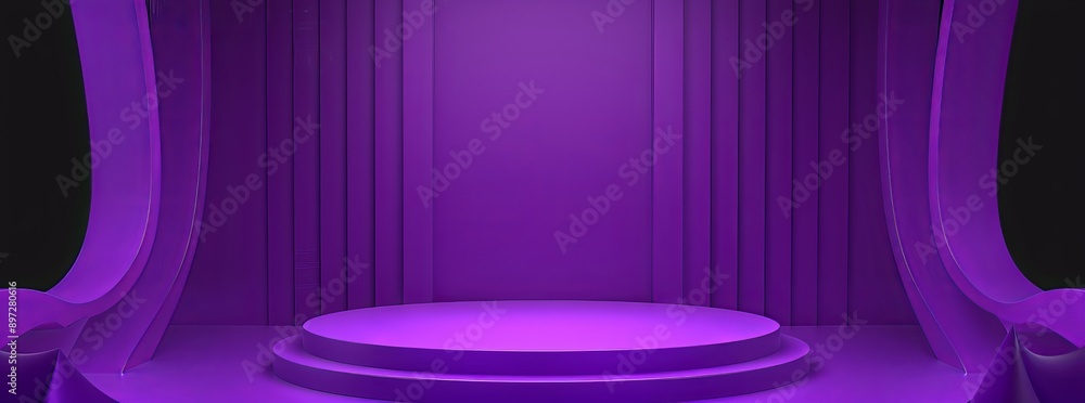The top of the podium background is a 3D product platform display in violet purple color. The light background shows the base of the podium. The white base is minimal and abstract geometric. The The top of the podium background is a 3D product platform display in violet purple color. The light background shows the base of the podium. The white base is minimal and abstract geometric. The