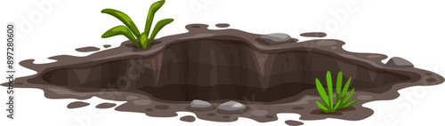 Ground hole or pit burrow in earth, deep dirty dig crack in soil, vector cartoon. Hole on ground or underground gap pit with mud in water puddle and grass of garden land with groundhog or mole burrow