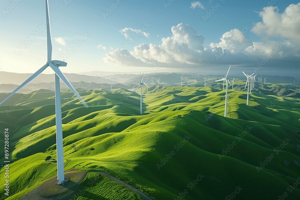 Aerial view of a wind farm with turbines stretching across rolling ...