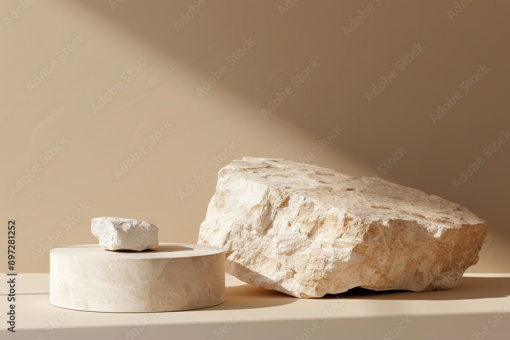 A stone platform for cosmetic beauty presentation. Stone presented on a pastel background. Mockup of cosmetic stand platform for product presentation. Stock photo. A stone platform for cosmetic beauty presentation. Stone presented on a pastel background. Mockup of cosmetic stand platform for product presentation. Stock photo.