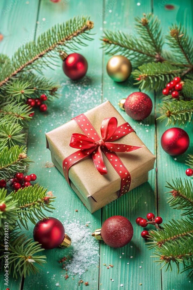Christmas background with gift box and classic decorations. Fir branches, red balls, and jingle bells Christmas background with gift box and classic decorations. Fir branches, red balls, and jingle bells