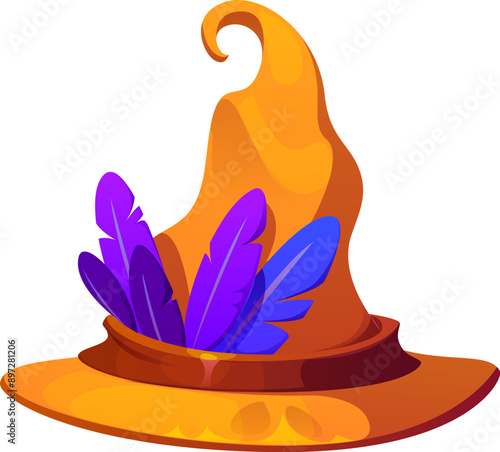 Halloween holiday witch hat with violet feathers. Isolated cartoon vector yellow enchantress cap with purple plumage. Enchanting, fantasy and stylish cap for casting whimsical spells and enchantments