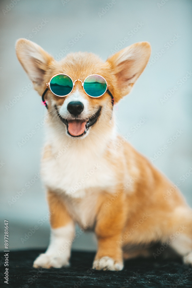 Corgi puppy wearing sunglasses Corgi puppy wearing sunglasses