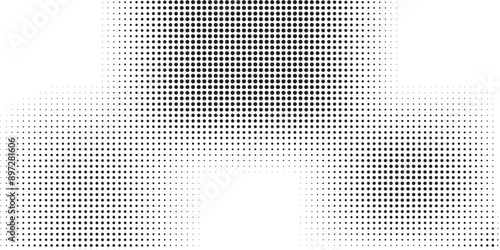 Grunge halftone gradient background. Faded grit noise texture. White and black sand wallpaper. Retro pixelated backdrop. Anime or manga style comic overlay. Vector graphic design textured template