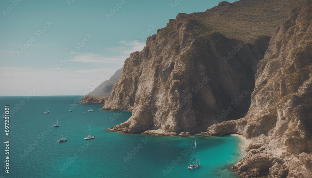 Fototapeta premium A scenic view of rugged coastal cliffs with crystal-clear turquoise waters below and a few small sai 