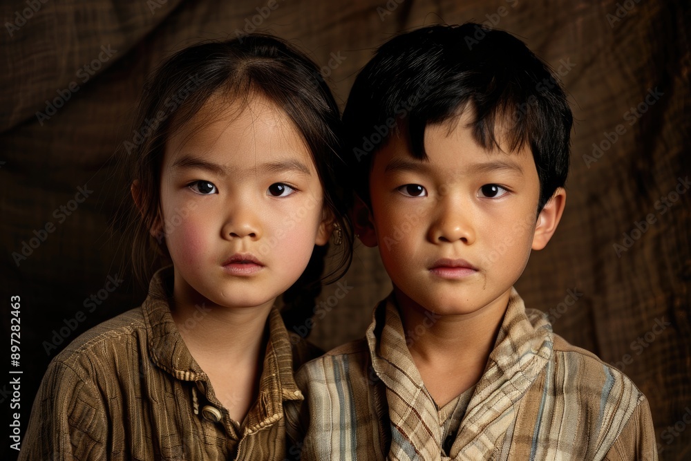 Two children standing side by side, likely brothers or sisters Two children standing side by side, likely brothers or sisters