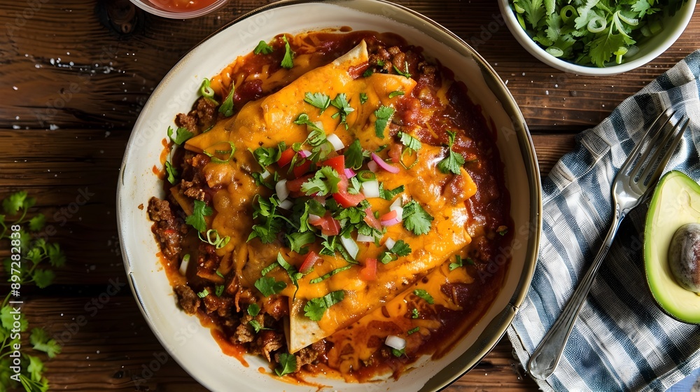 Appetizing Elliptical Enchiladas Platter on Wooden Table Background Appetizing Elliptical Enchiladas Platter on Wooden Table Background