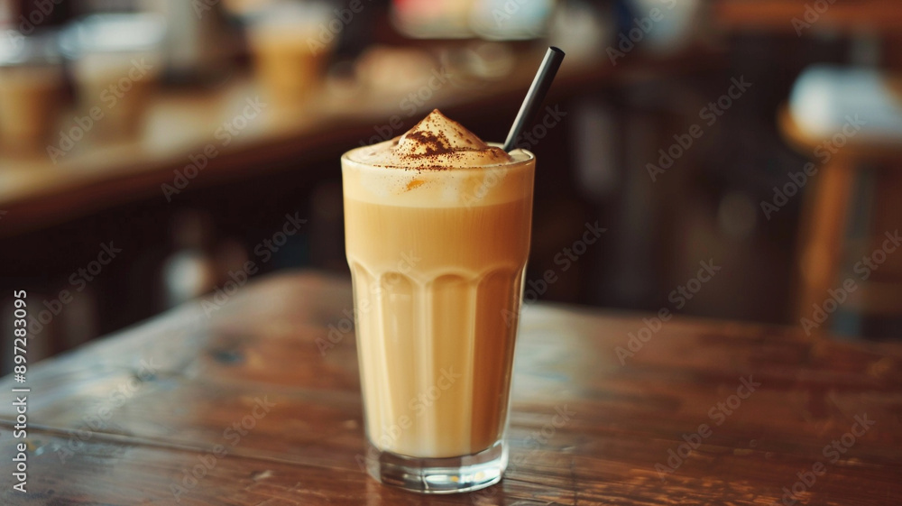 a coffee smoothie on a table at coffee shop. a coffee smoothie on a table at coffee shop.