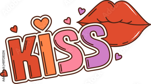 Cartoon retro groovy hippie love kiss and lips. Isolated vector vibrant playful badge with red mouth and hearts in vintage funky style expressing love, affection, romance with fun and nostalgic vibes