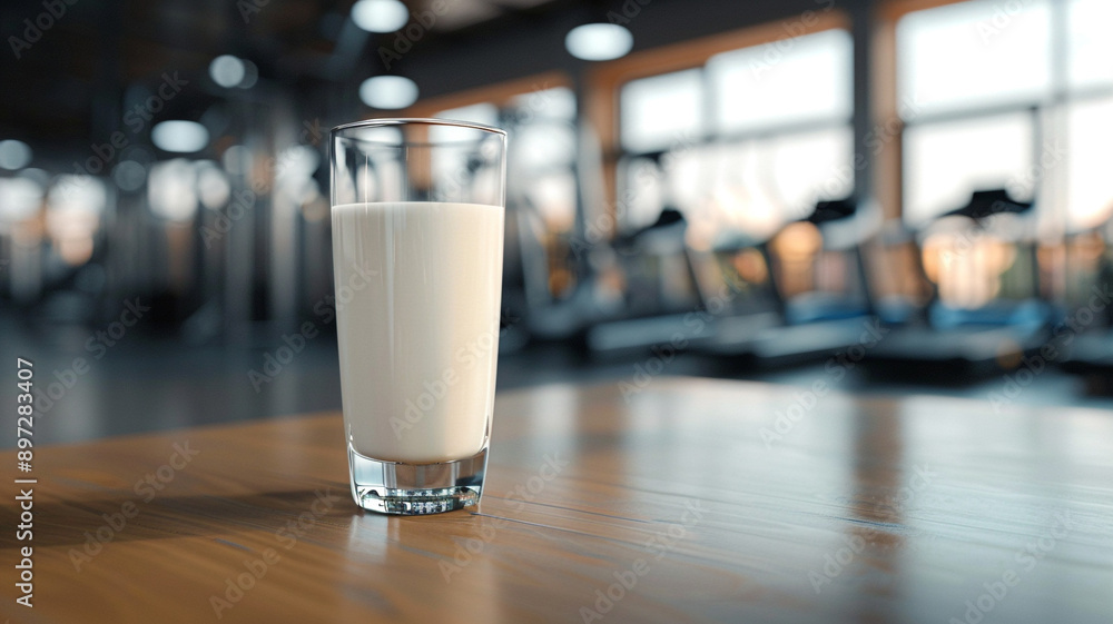 A glass of milk on the table in a fitness gym A glass of milk on the table in a fitness gym